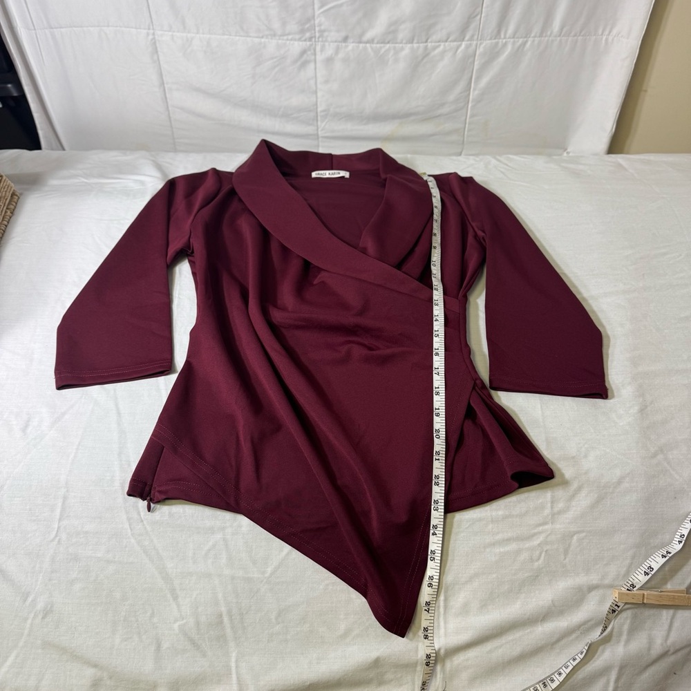 Grace Karin Burgundy Wrap Style Top Size M 3/4 Sleeve‎ Asymmetrical Hem - Picture 10 of 10